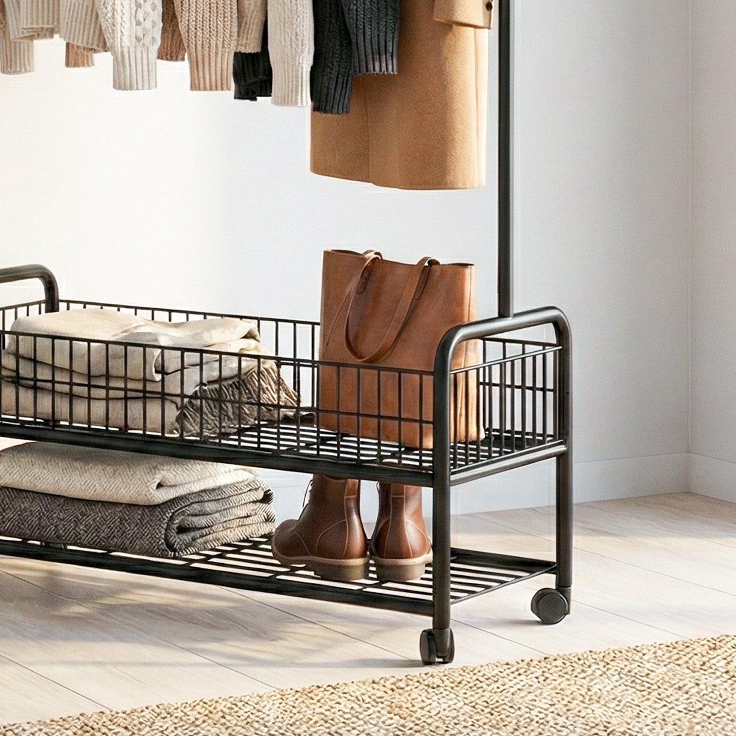 ZYRA Cloth Hanger Rail with Storage Basket