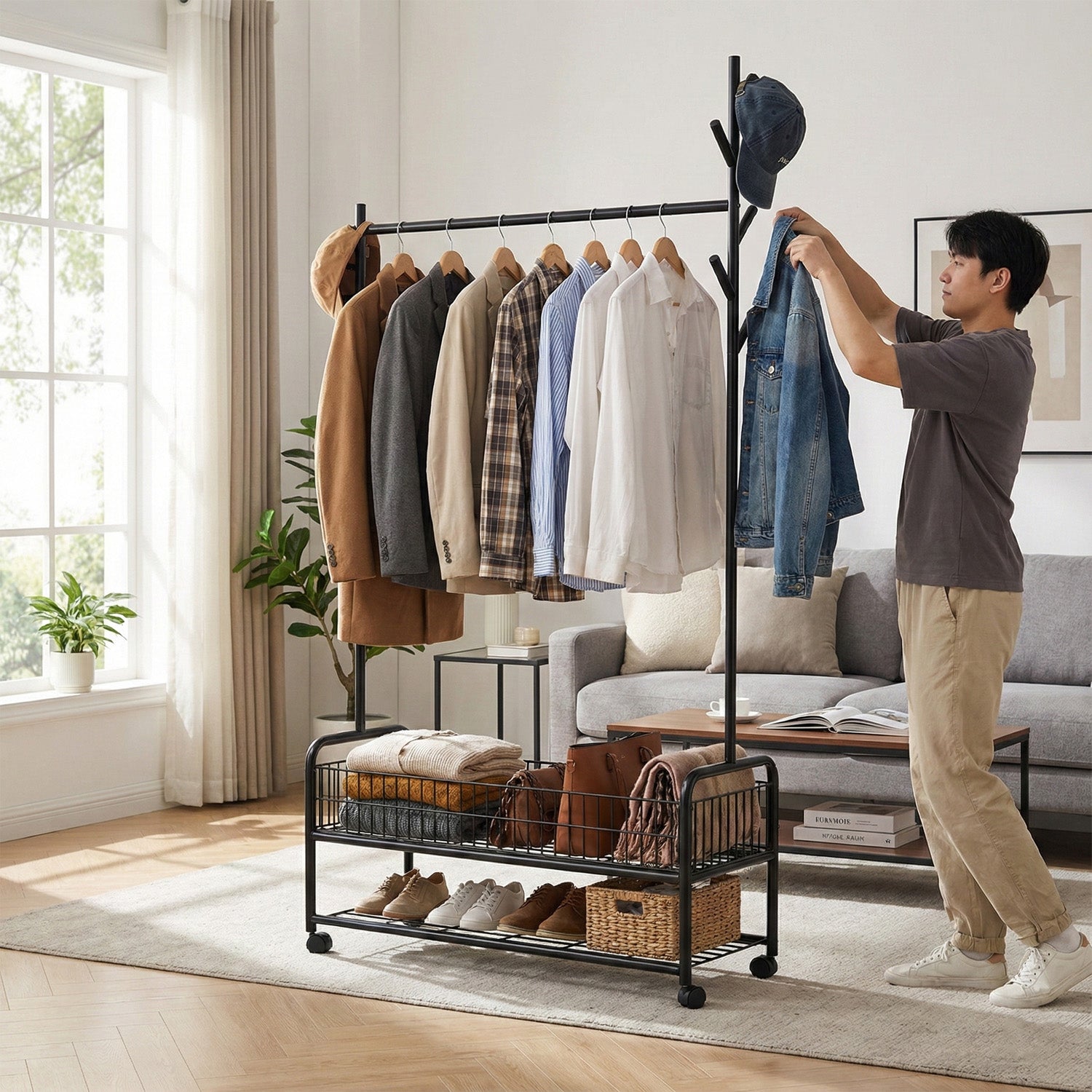 ZYRA Cloth Hanger Rail with Storage Basket