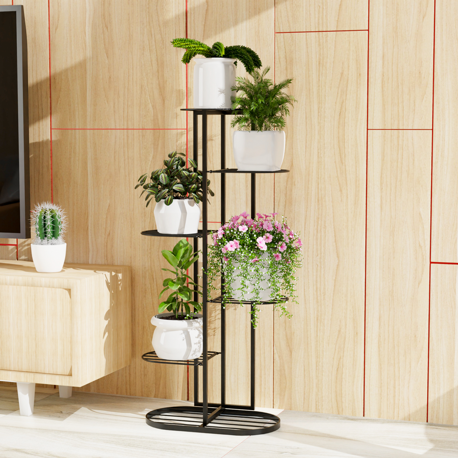 MURRANO Multi-Tiered Plant Stand for Balcony (Black) | Planter Stand for Living Room 7 Pot Holders (Easy to assemble, installation kit included)