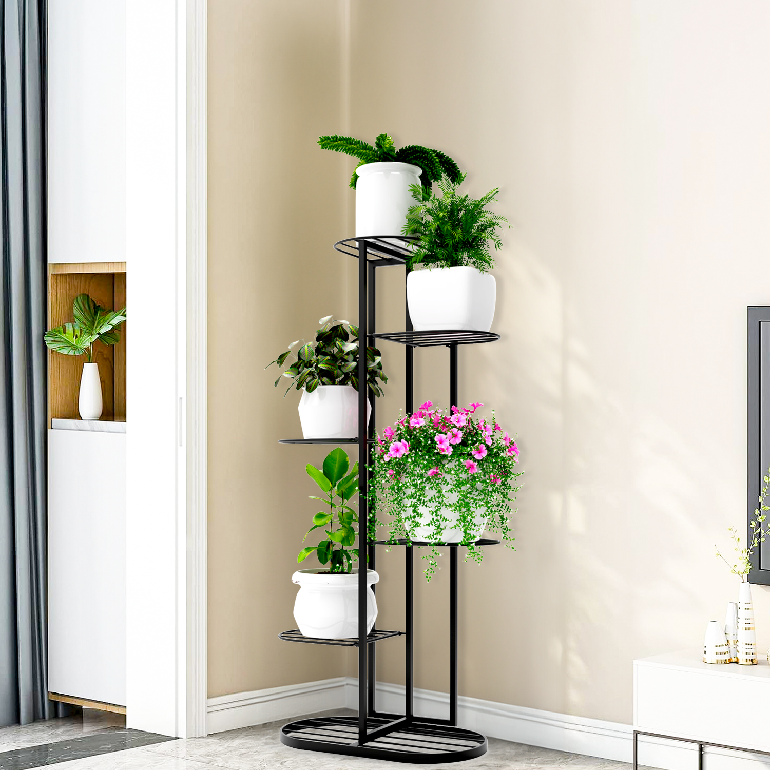 MURRANO Multi-Tiered Plant Stand for Balcony (Black) | Planter Stand for Living Room 7 Pot Holders (Easy to assemble, installation kit included)