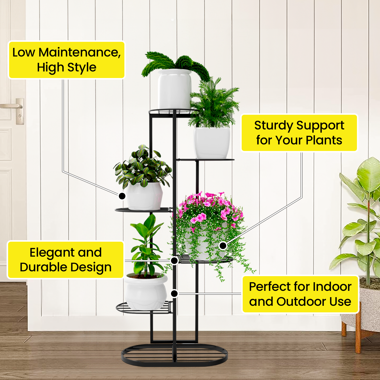 MURRANO Multi-Tiered Plant Stand for Balcony (Black) | Planter Stand for Living Room 7 Pot Holders (Easy to assemble, installation kit included)