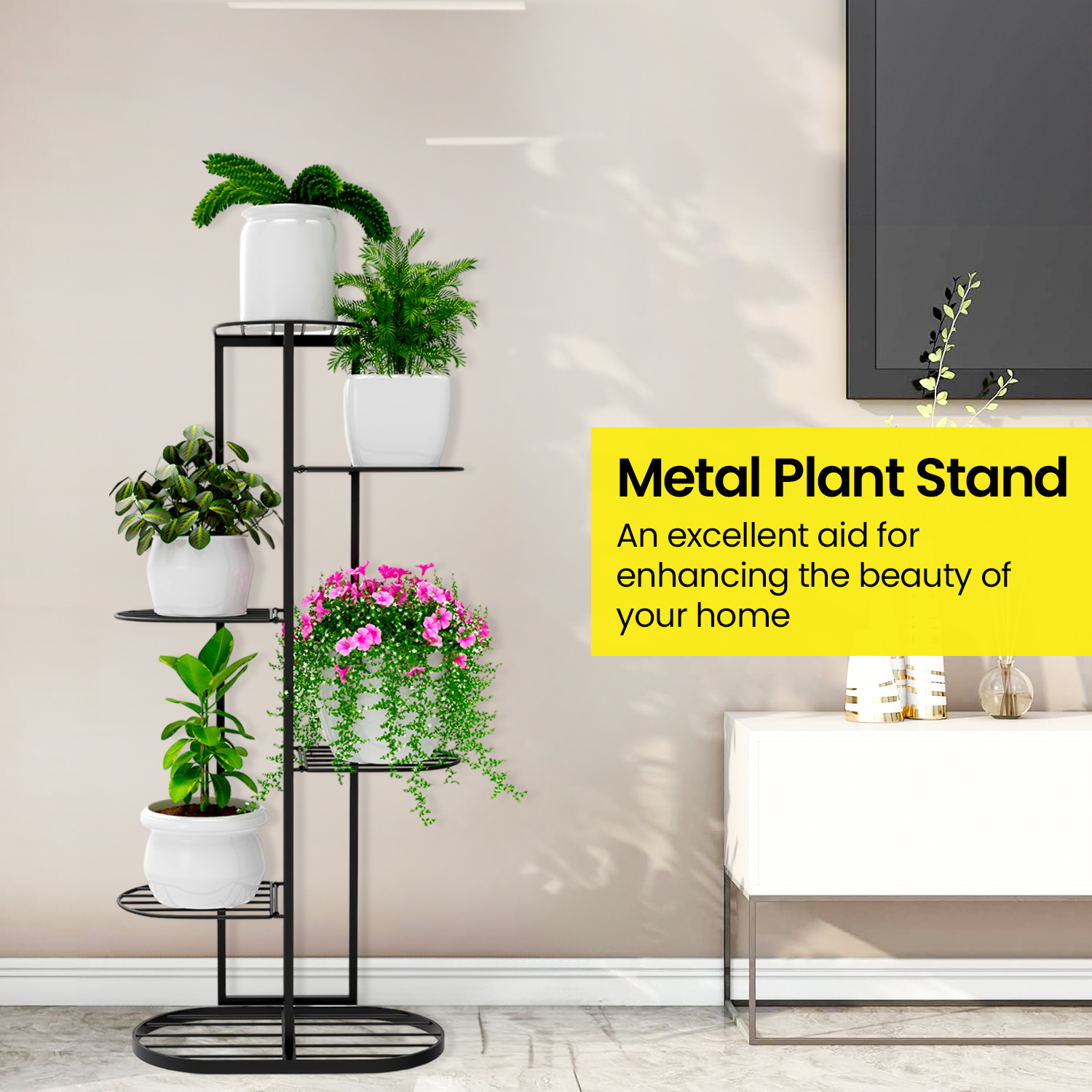 MURRANO Multi-Tiered Plant Stand for Balcony (Black) | Planter Stand for Living Room 7 Pot Holders (Easy to assemble, installation kit included)