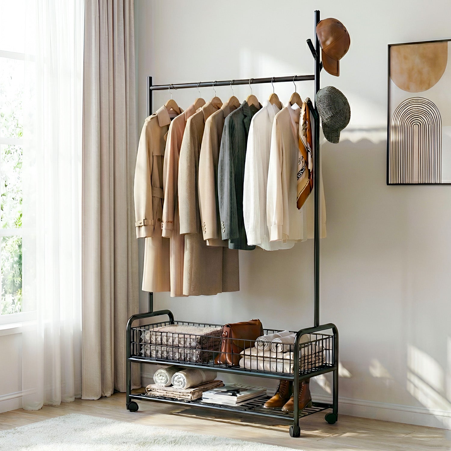 ZYRA Cloth Hanger Rail with Storage Basket