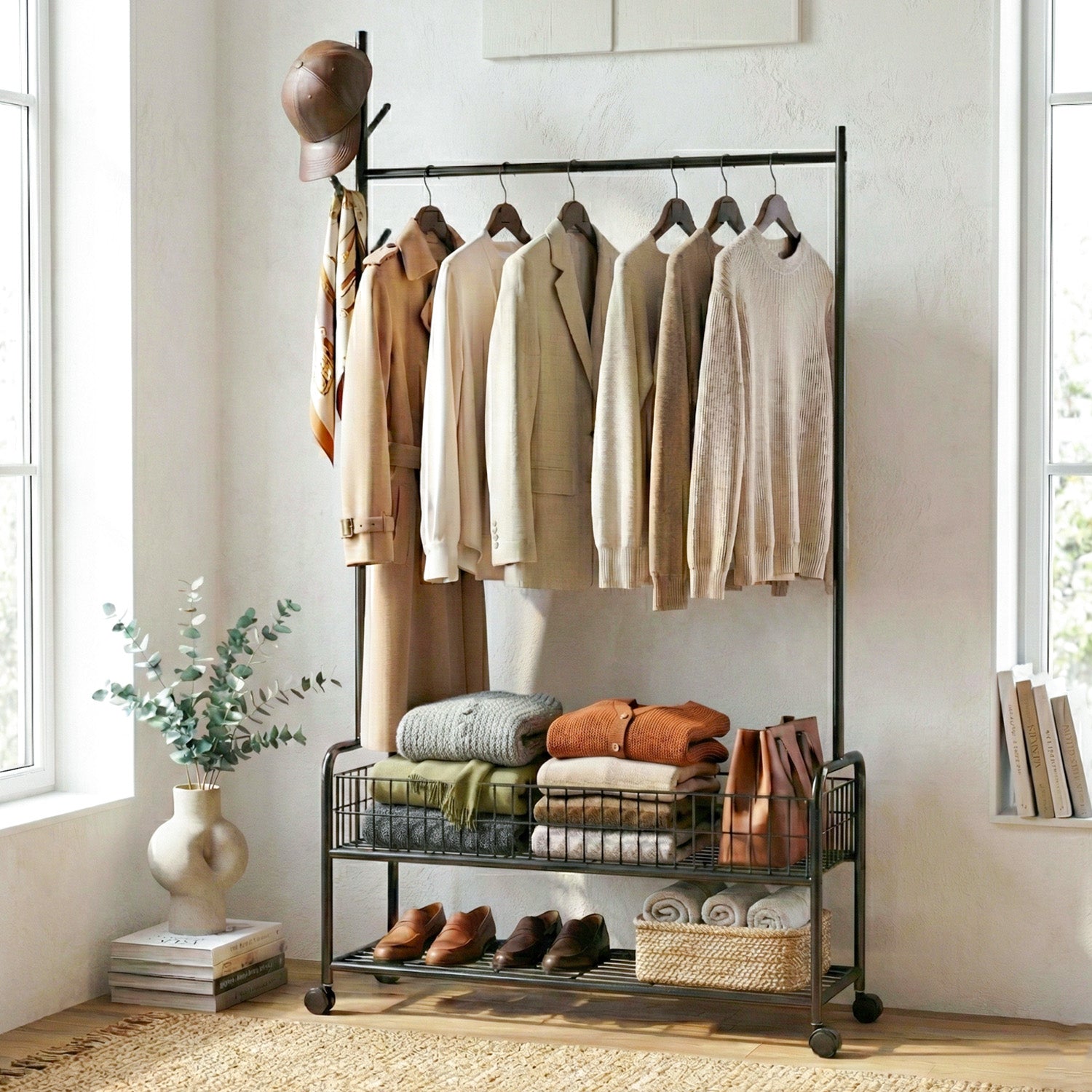 ZYRA Cloth Hanger Rail with Storage Basket