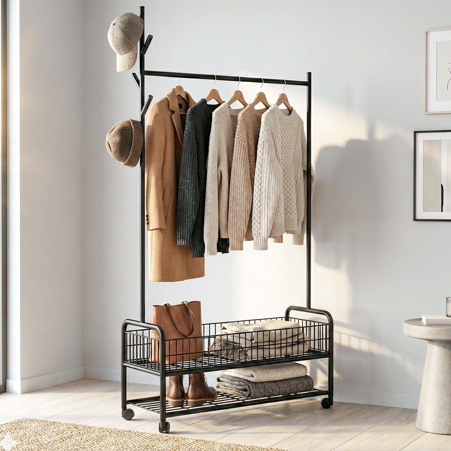 ZYRA Cloth Hanger Rail with Storage Basket