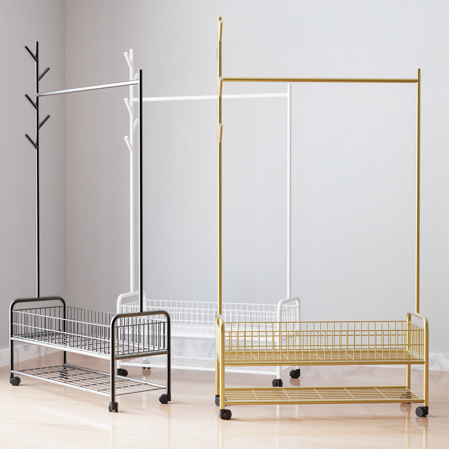ZYRA Cloth Hanger Rail with Storage Basket