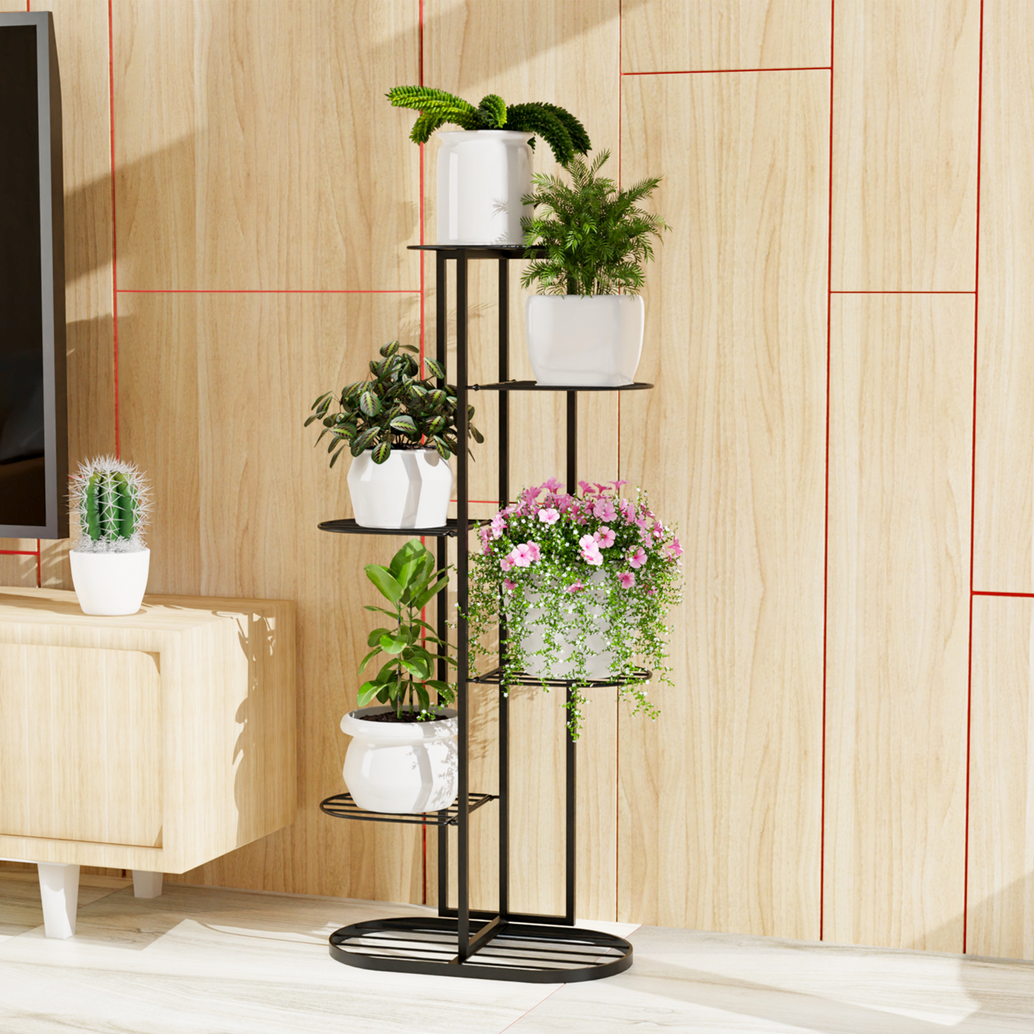 MURRANO  Multi-Tiered Plant Stand for Balcony (Black) | Planter Stand for Living Room 7 Pot Holders (Easy to assemble, installation kit included)