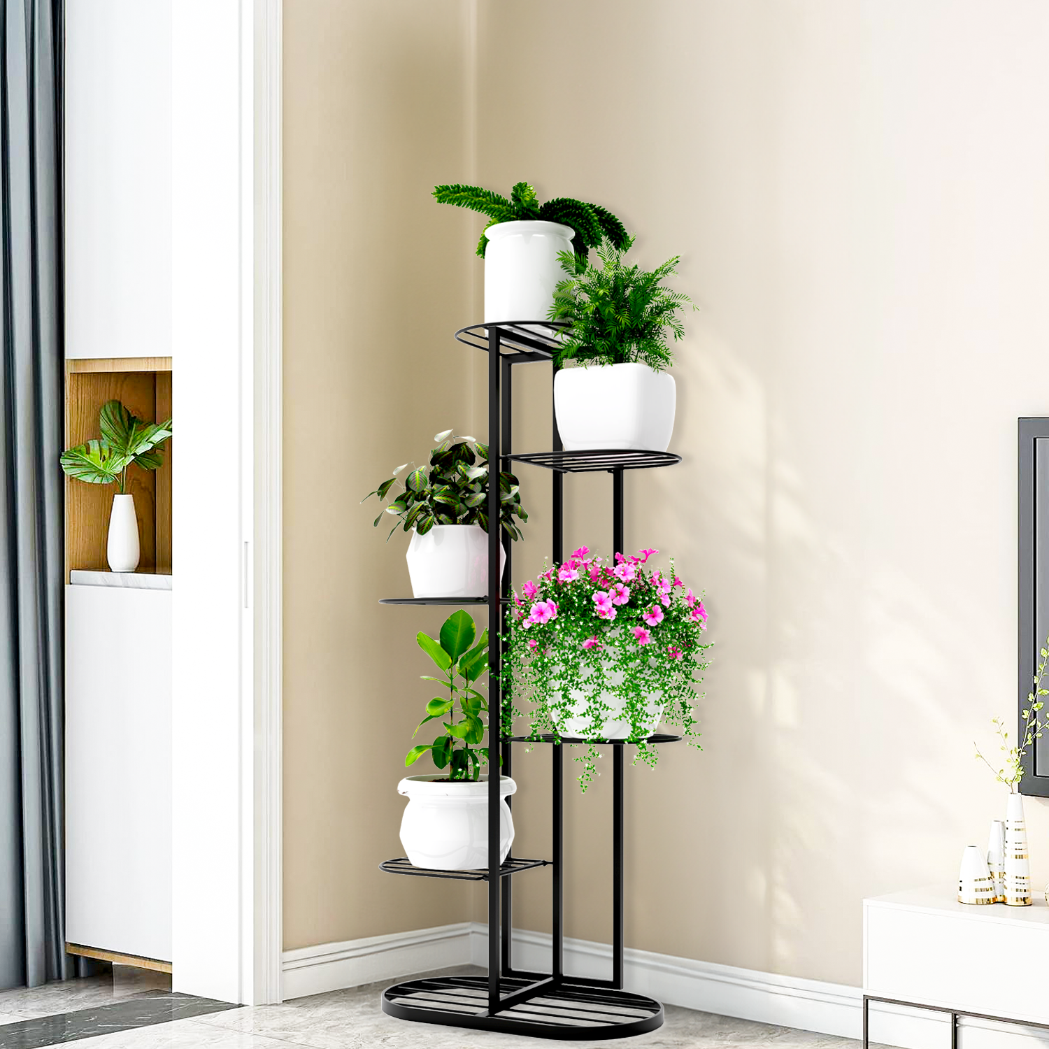 MURRANO  Multi-Tiered Plant Stand for Balcony (Black) | Planter Stand for Living Room 7 Pot Holders (Easy to assemble, installation kit included)