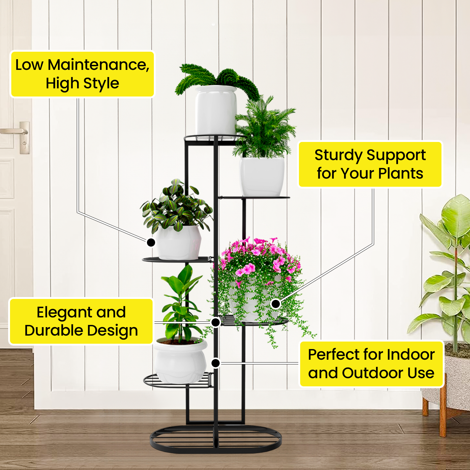 MURRANO  Multi-Tiered Plant Stand for Balcony (Black) | Planter Stand for Living Room 7 Pot Holders (Easy to assemble, installation kit included)