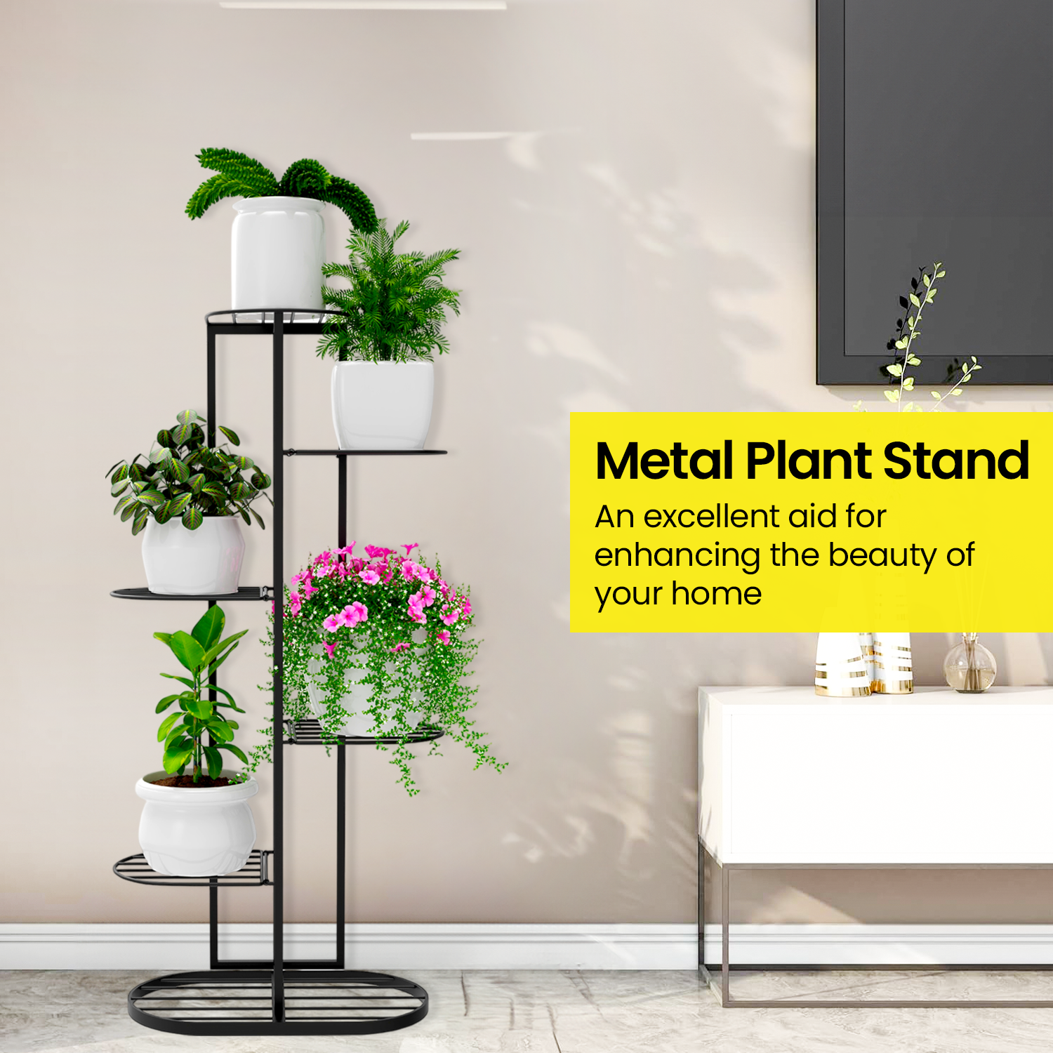 MURRANO  Multi-Tiered Plant Stand for Balcony (Black) | Planter Stand for Living Room 7 Pot Holders (Easy to assemble, installation kit included)