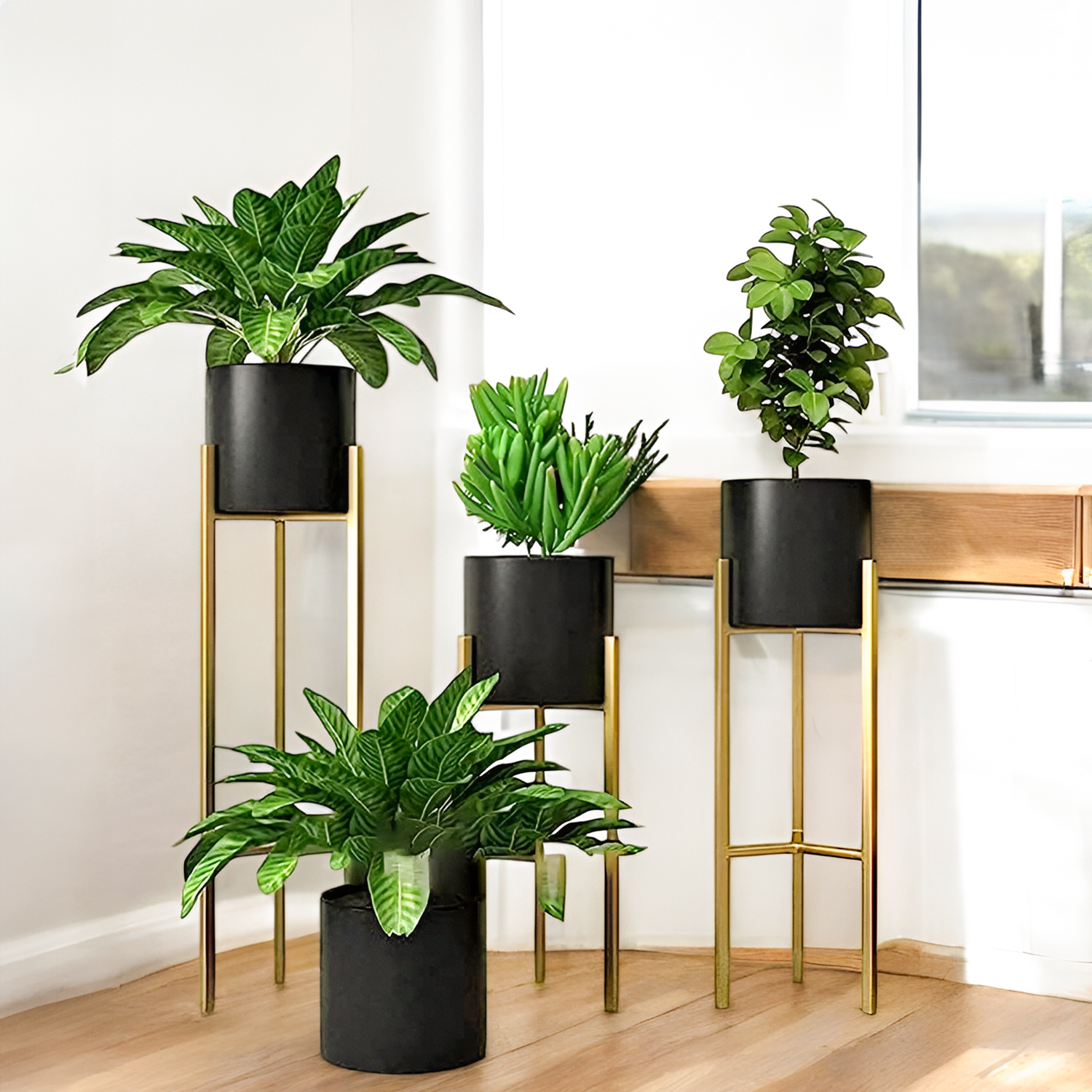 HELIOS Plant Stand for Living Room | Metal Planters for Indoor Living | Planter Pots included (Set of 3 Flower Pots)